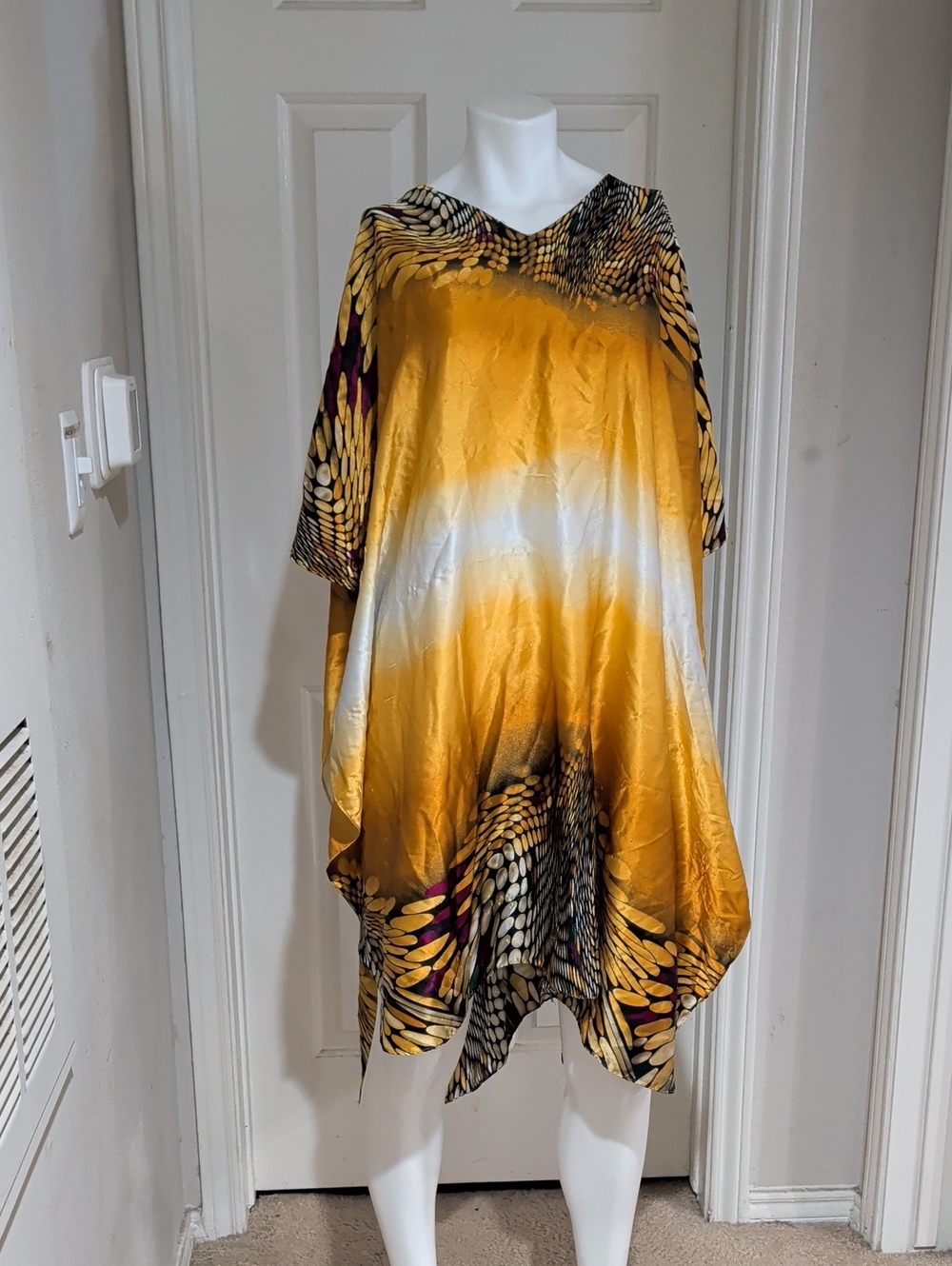 Ashro Golden Ombre Satin Asymmetrical Kaftan with Accent Print O/S